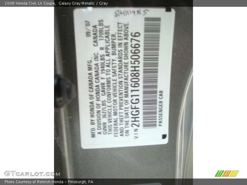 Galaxy Gray Metallic / Gray 2008 Honda Civic LX Coupe