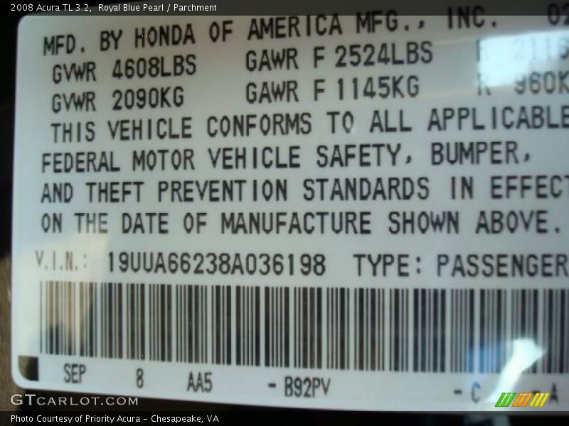 Royal Blue Pearl / Parchment 2008 Acura TL 3.2
