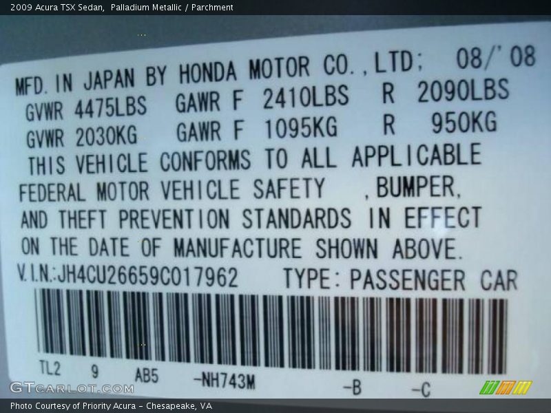 Palladium Metallic / Parchment 2009 Acura TSX Sedan