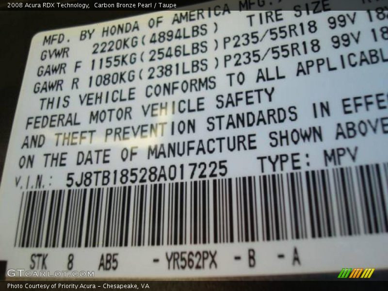 Carbon Bronze Pearl / Taupe 2008 Acura RDX Technology