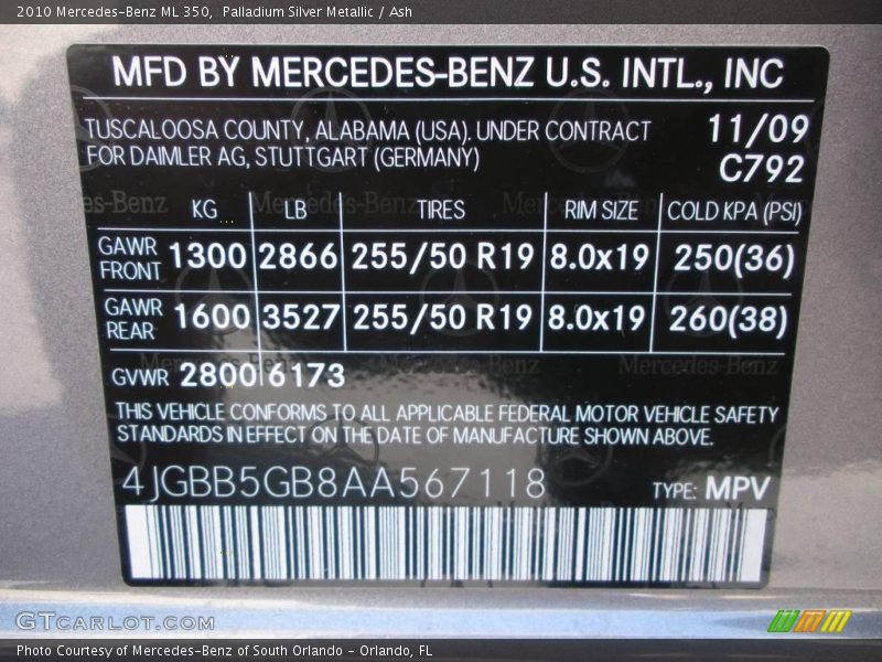 Palladium Silver Metallic / Ash 2010 Mercedes-Benz ML 350