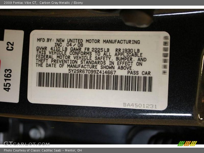 Carbon Gray Metallic / Ebony 2009 Pontiac Vibe GT