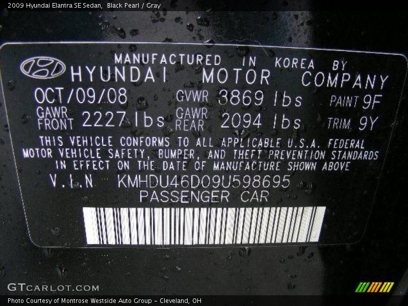 Black Pearl / Gray 2009 Hyundai Elantra SE Sedan