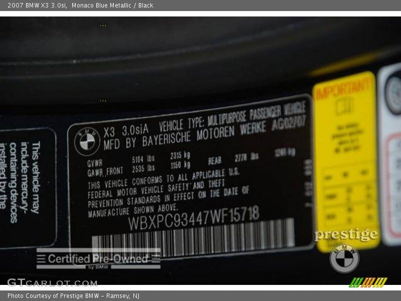 Monaco Blue Metallic / Black 2007 BMW X3 3.0si
