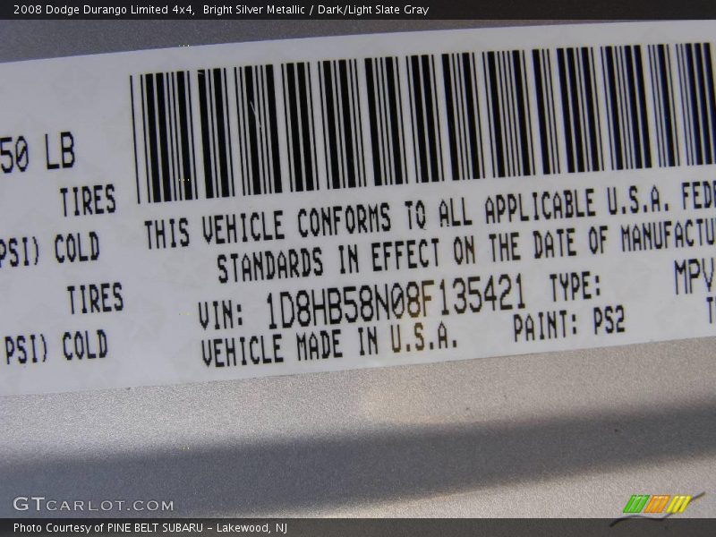 Bright Silver Metallic / Dark/Light Slate Gray 2008 Dodge Durango Limited 4x4