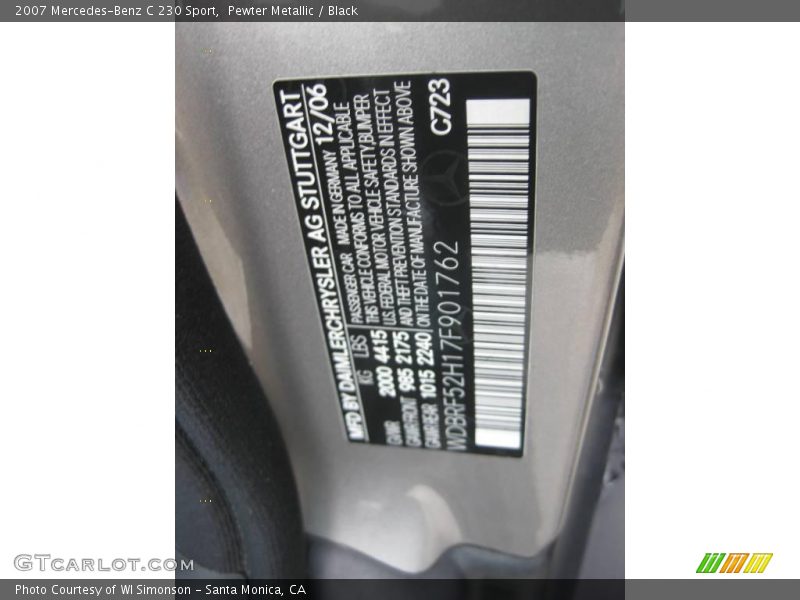 Pewter Metallic / Black 2007 Mercedes-Benz C 230 Sport