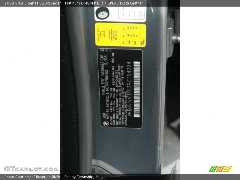 Platinum Grey Metallic / Grey Dakota Leather 2009 BMW 5 Series 528xi Sedan
