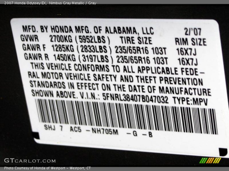 Nimbus Gray Metallic / Gray 2007 Honda Odyssey EX