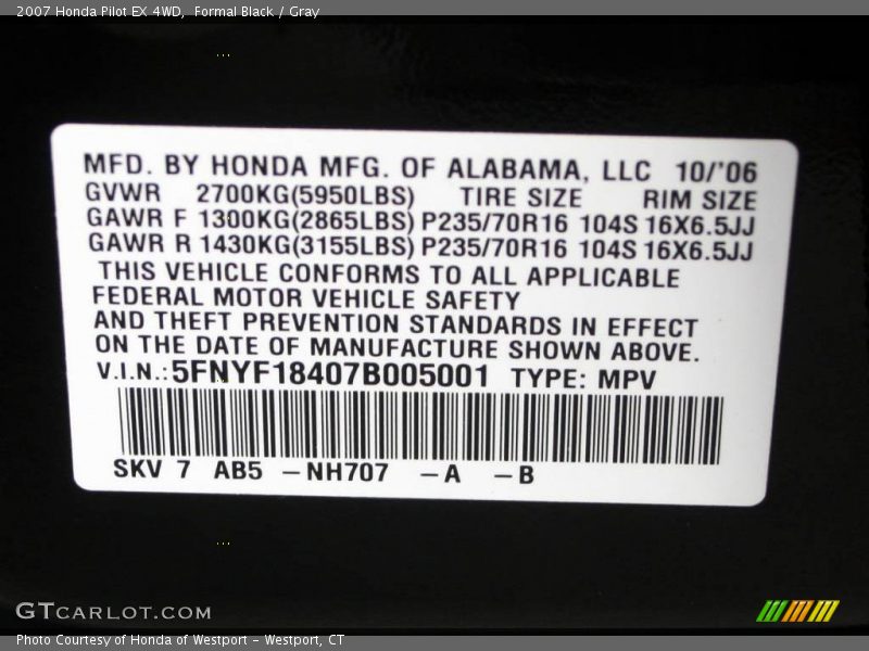 Formal Black / Gray 2007 Honda Pilot EX 4WD