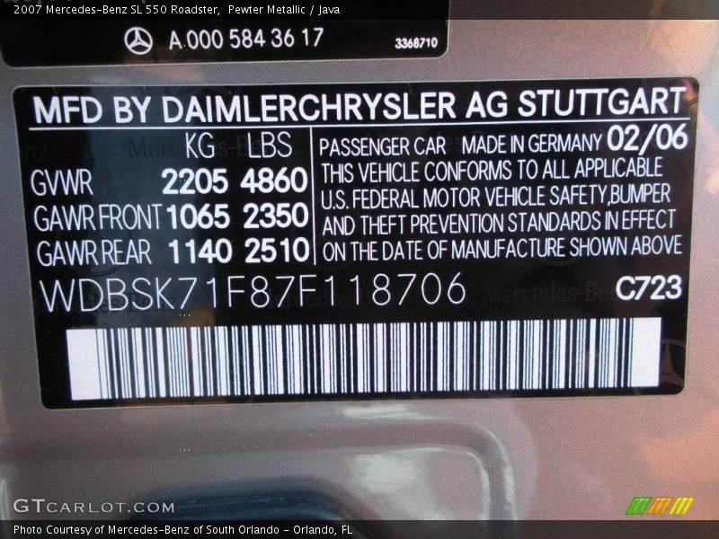 Pewter Metallic / Java 2007 Mercedes-Benz SL 550 Roadster