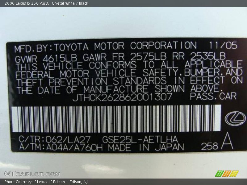 Crystal White / Black 2006 Lexus IS 250 AWD