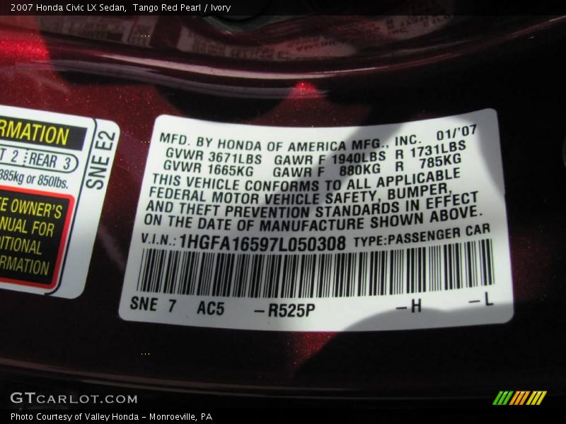 Tango Red Pearl / Ivory 2007 Honda Civic LX Sedan
