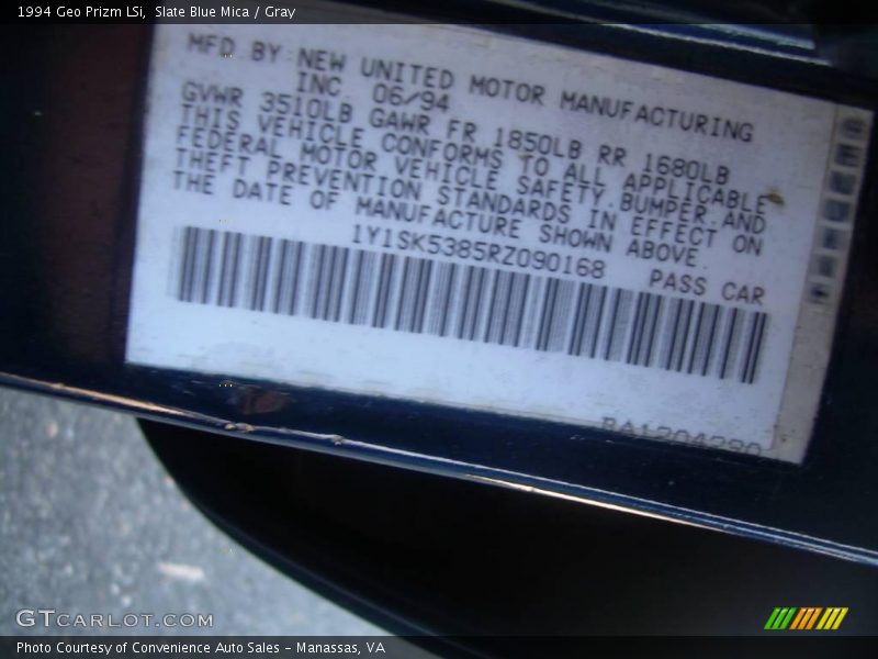 Info Tag of 1994 Prizm LSi