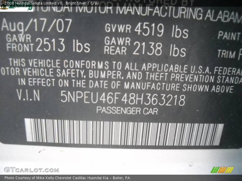 Bright Silver / Gray 2008 Hyundai Sonata Limited V6