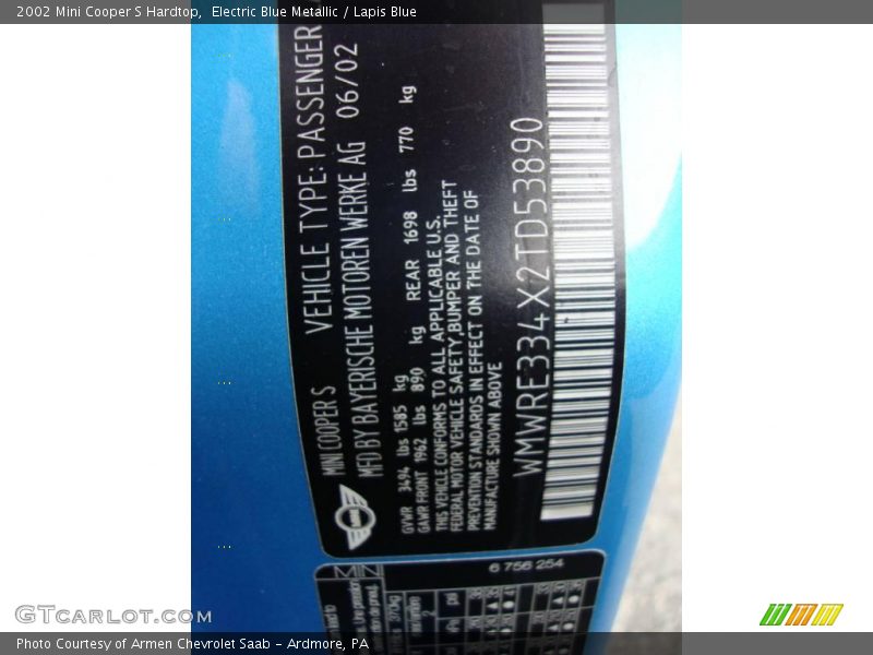 Electric Blue Metallic / Lapis Blue 2002 Mini Cooper S Hardtop