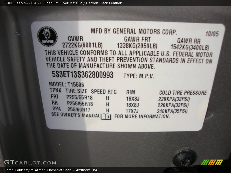 Titanium Silver Metallic / Carbon Black Leather 2006 Saab 9-7X 4.2i