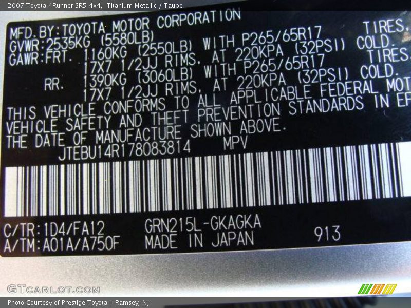 Titanium Metallic / Taupe 2007 Toyota 4Runner SR5 4x4