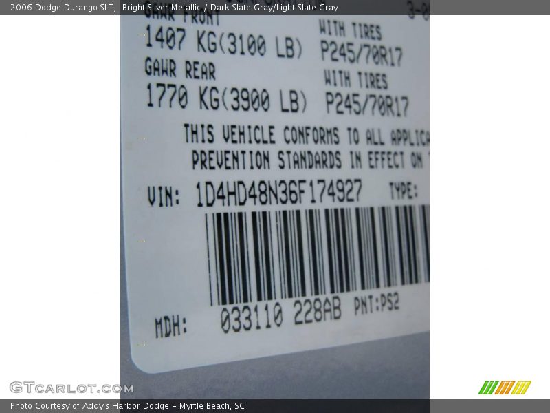 Bright Silver Metallic / Dark Slate Gray/Light Slate Gray 2006 Dodge Durango SLT