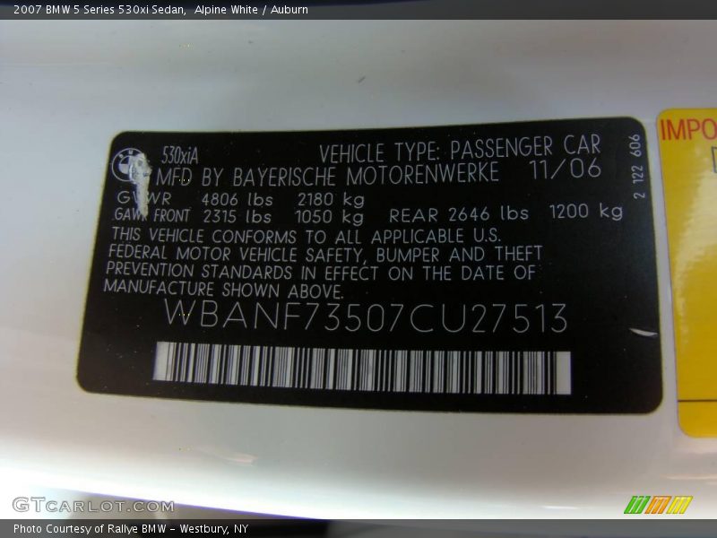 Alpine White / Auburn 2007 BMW 5 Series 530xi Sedan