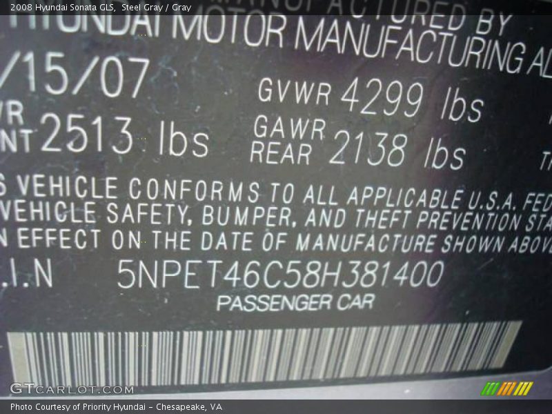 Steel Gray / Gray 2008 Hyundai Sonata GLS