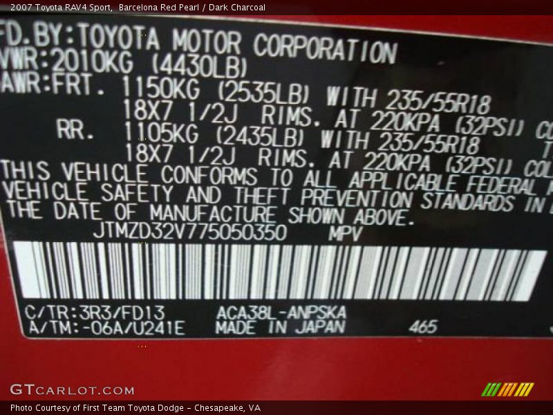 Barcelona Red Pearl / Dark Charcoal 2007 Toyota RAV4 Sport