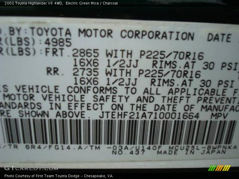 Electric Green Mica / Charcoal 2001 Toyota Highlander V6 4WD
