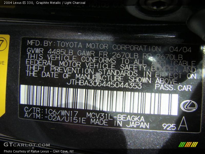 Graphite Metallic / Light Charcoal 2004 Lexus ES 330