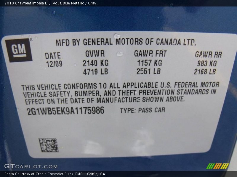 Aqua Blue Metallic / Gray 2010 Chevrolet Impala LT