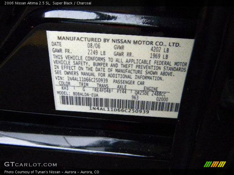 Super Black / Charcoal 2006 Nissan Altima 2.5 SL