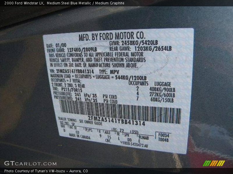 Medium Steel Blue Metallic / Medium Graphite 2000 Ford Windstar LX