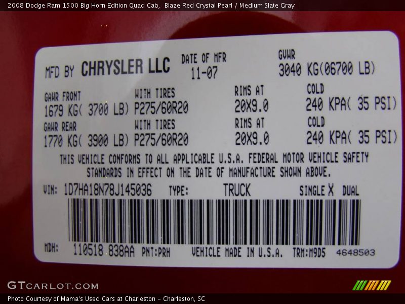 Blaze Red Crystal Pearl / Medium Slate Gray 2008 Dodge Ram 1500 Big Horn Edition Quad Cab