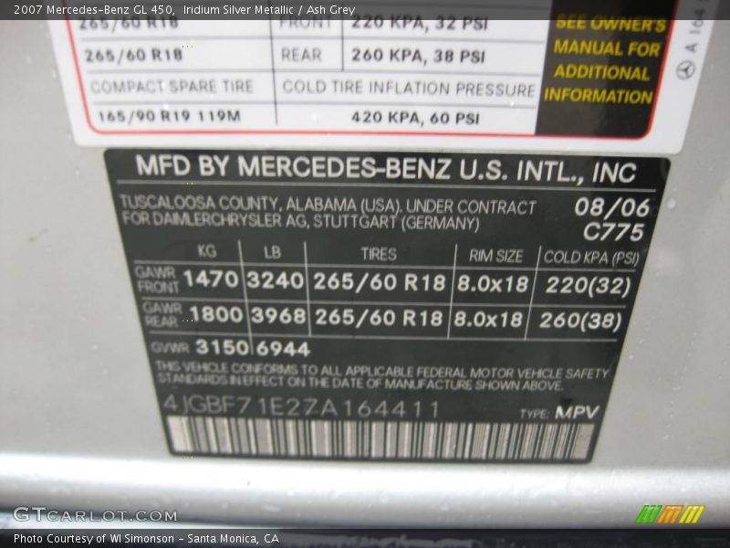 Iridium Silver Metallic / Ash Grey 2007 Mercedes-Benz GL 450