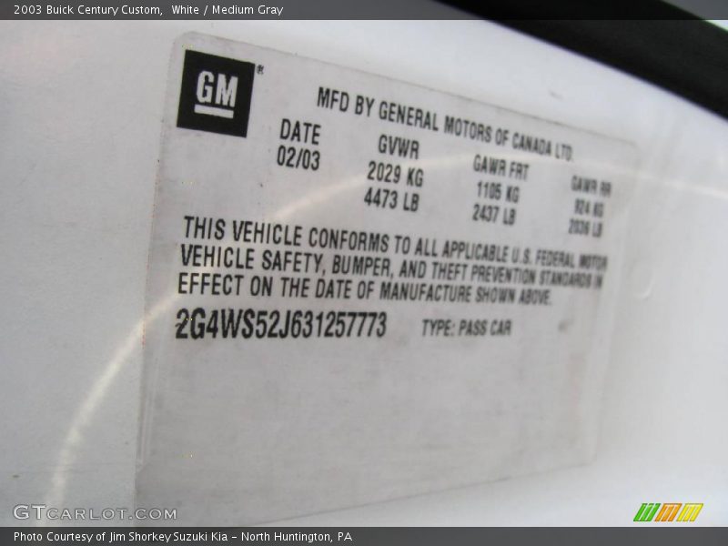 White / Medium Gray 2003 Buick Century Custom