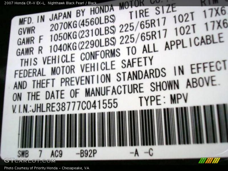 Nighthawk Black Pearl / Black 2007 Honda CR-V EX-L