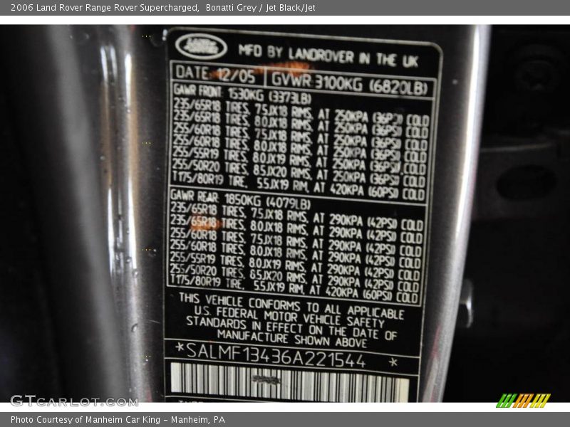 Bonatti Grey / Jet Black/Jet 2006 Land Rover Range Rover Supercharged