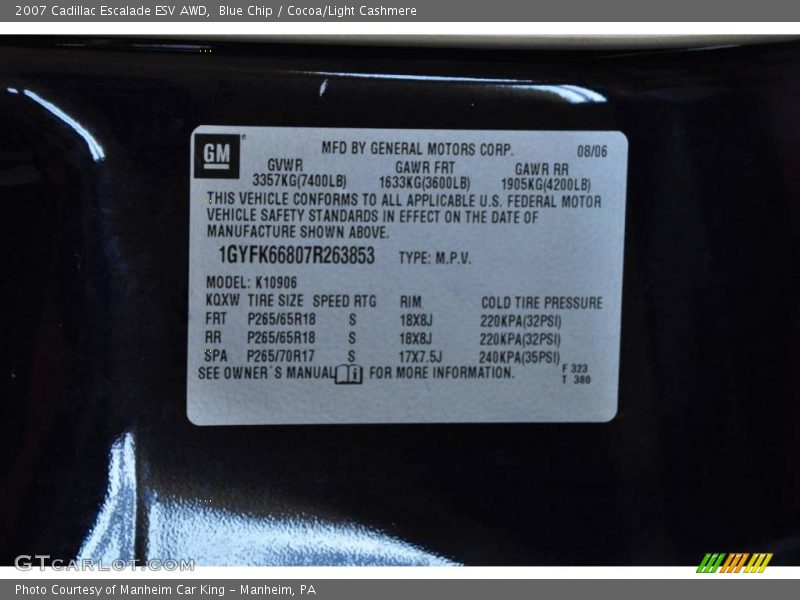 Blue Chip / Cocoa/Light Cashmere 2007 Cadillac Escalade ESV AWD