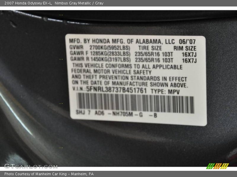 Nimbus Gray Metallic / Gray 2007 Honda Odyssey EX-L