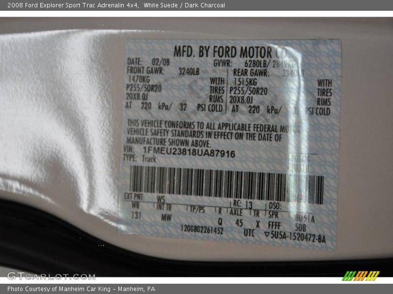 White Suede / Dark Charcoal 2008 Ford Explorer Sport Trac Adrenalin 4x4