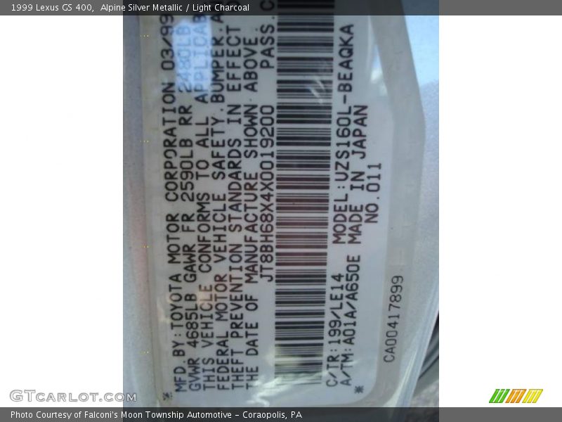Alpine Silver Metallic / Light Charcoal 1999 Lexus GS 400