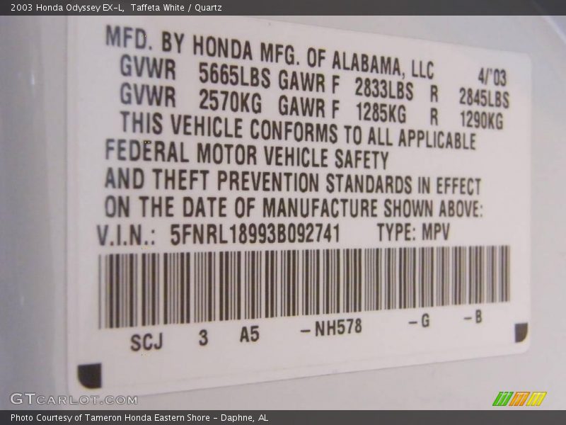 Taffeta White / Quartz 2003 Honda Odyssey EX-L