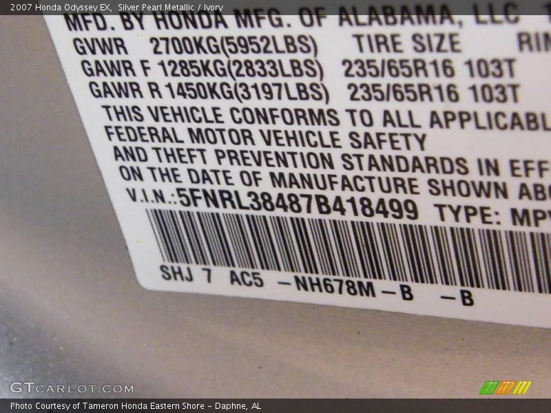 Silver Pearl Metallic / Ivory 2007 Honda Odyssey EX