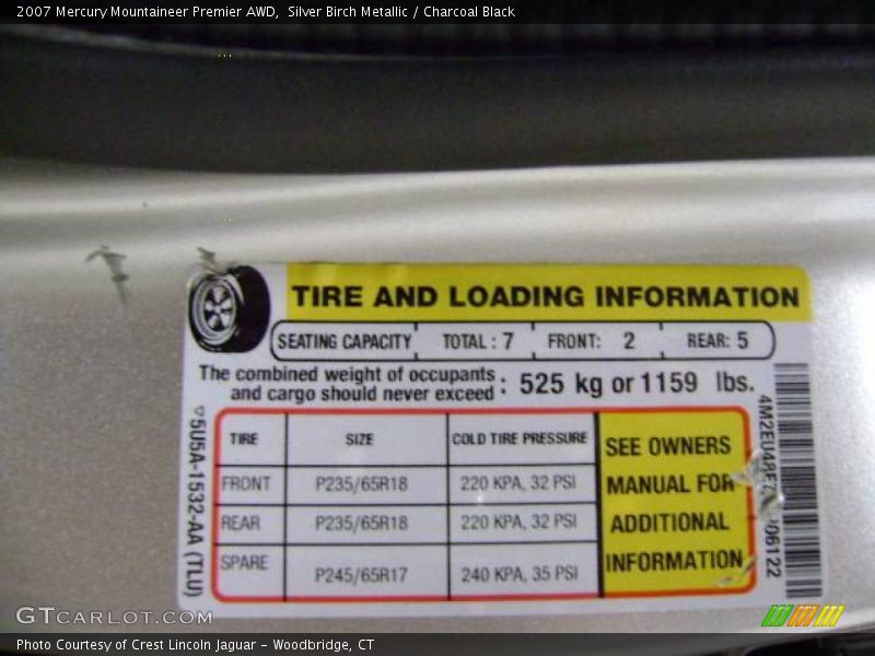 Silver Birch Metallic / Charcoal Black 2007 Mercury Mountaineer Premier AWD