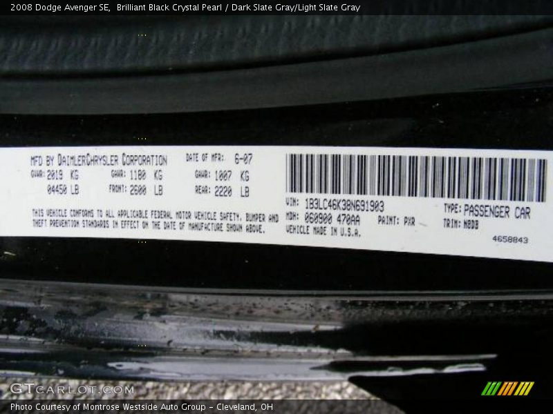 Brilliant Black Crystal Pearl / Dark Slate Gray/Light Slate Gray 2008 Dodge Avenger SE