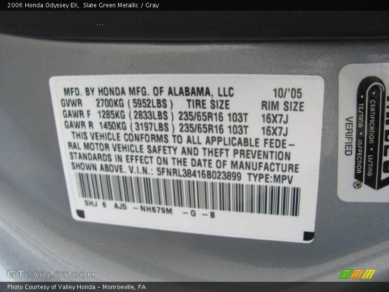 Slate Green Metallic / Gray 2006 Honda Odyssey EX