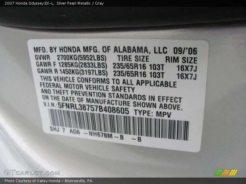Silver Pearl Metallic / Gray 2007 Honda Odyssey EX-L