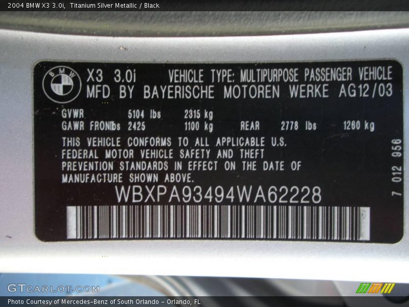 Titanium Silver Metallic / Black 2004 BMW X3 3.0i