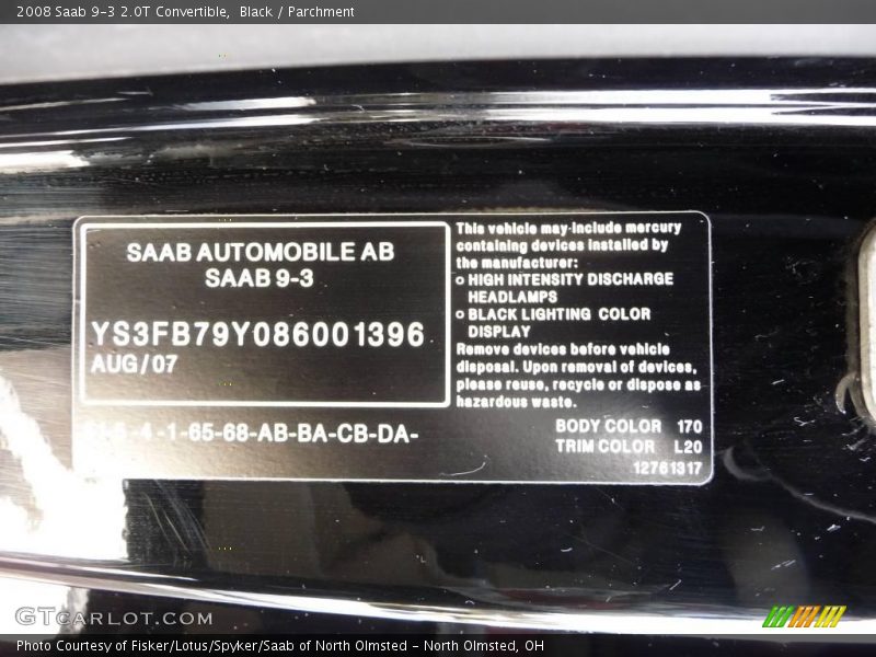 Black / Parchment 2008 Saab 9-3 2.0T Convertible