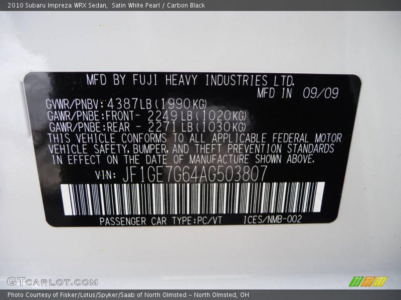 Satin White Pearl / Carbon Black 2010 Subaru Impreza WRX Sedan