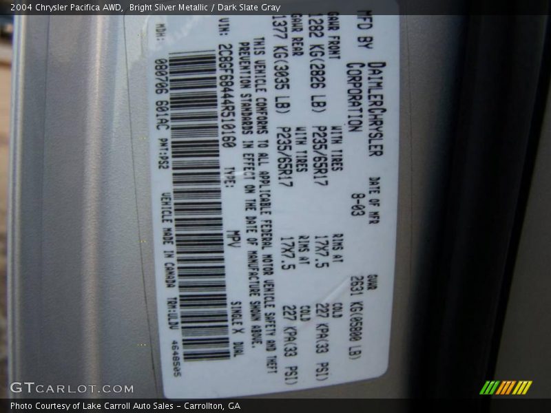 Bright Silver Metallic / Dark Slate Gray 2004 Chrysler Pacifica AWD