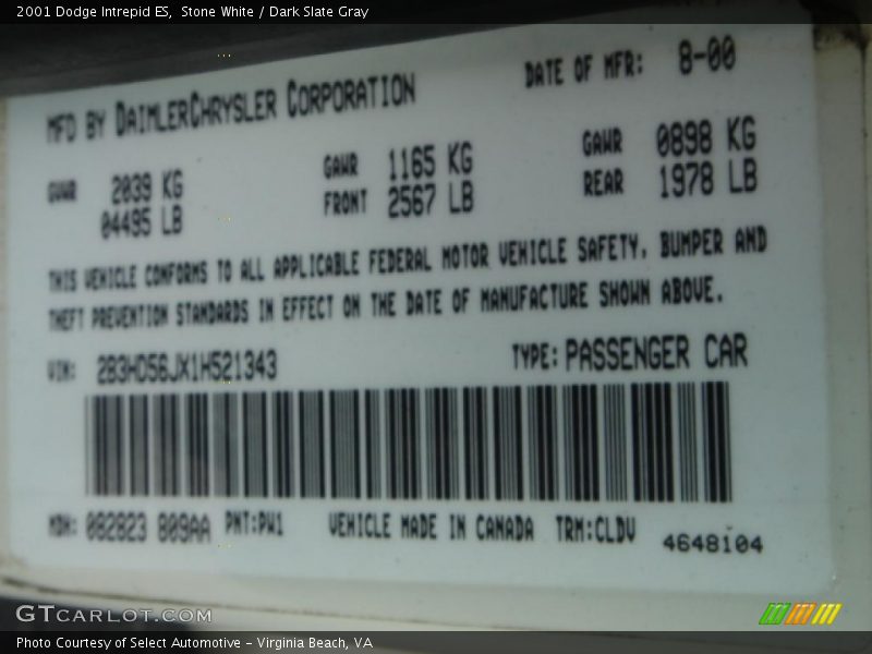 Stone White / Dark Slate Gray 2001 Dodge Intrepid ES